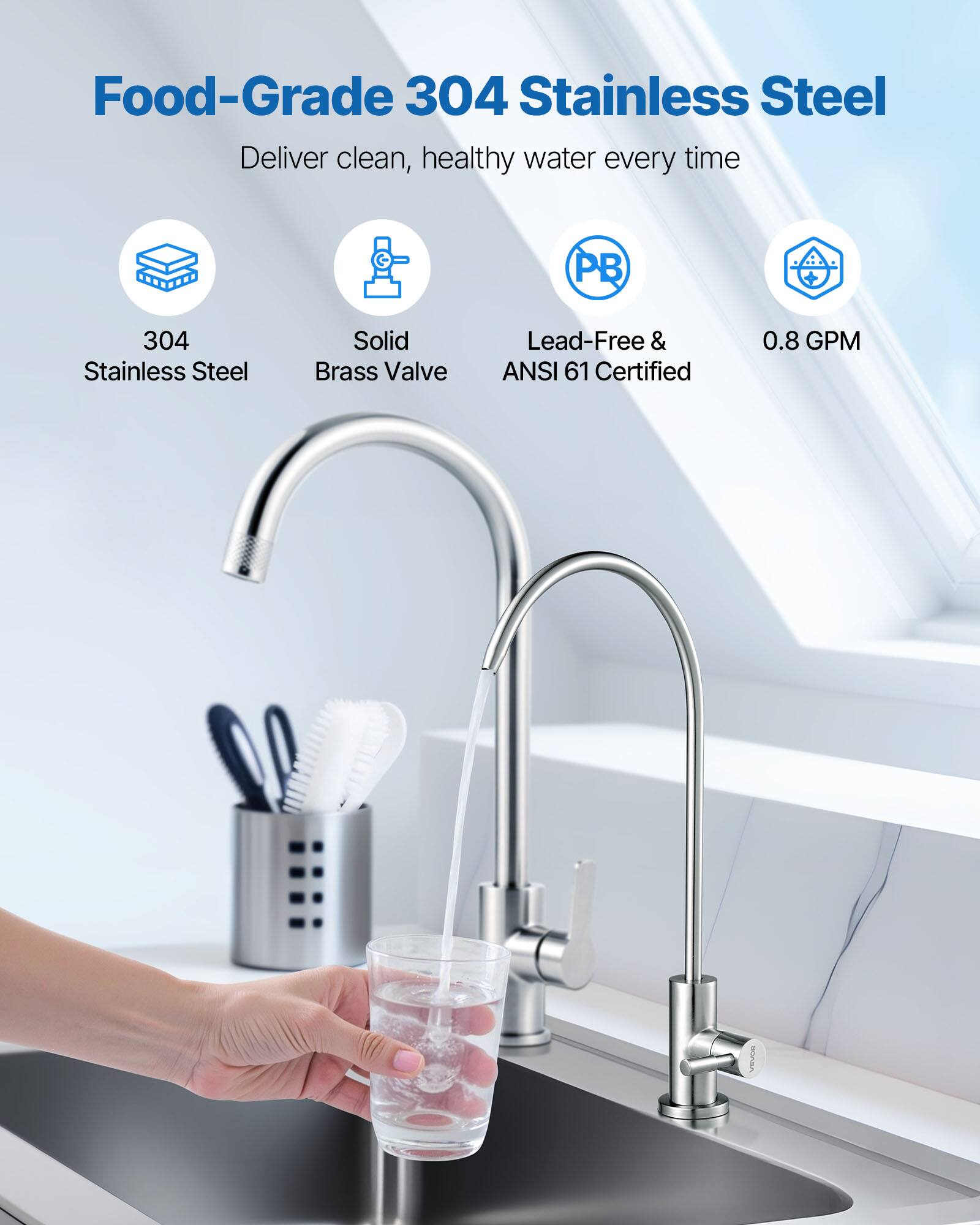 Food-Grade 304 Stainless Steel  
Deliver clean, healthy water every time  

- 304 Stainless Steel  
- Solid Brass Valve  
- Lead-Free & ANSI 61 Certified  
- 0.8 GPM