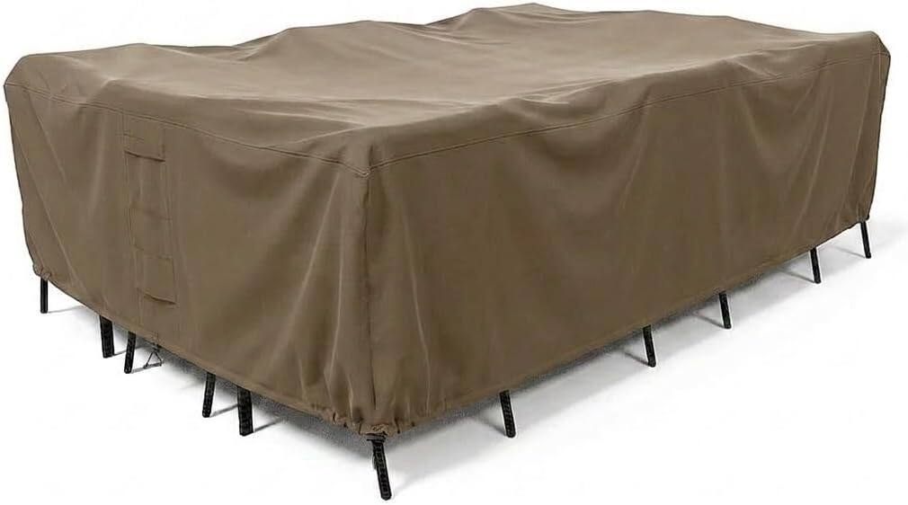 Front. KHOMO GEAR - Large Patio Furniture Cover - Water-Resistant Outdoor Table & Chair Set Cover - Durable Protection for Deck or Backyard - Brown.