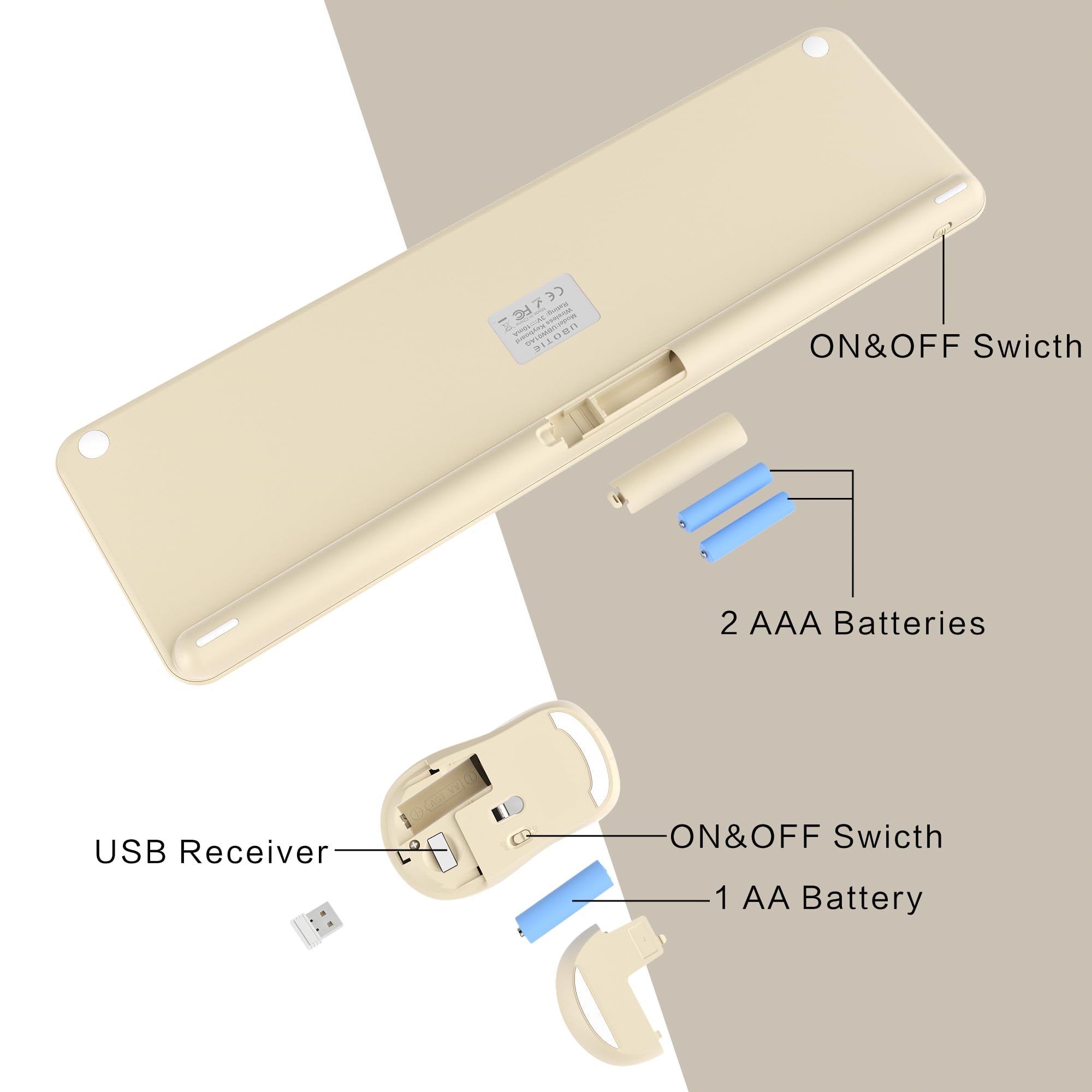 35 NZ - 1 STVIMN

- ON&OFF Switch
- 2 AAA Batteries

USB Receiver
- ON&OFF Switch
- 1 AA Battery