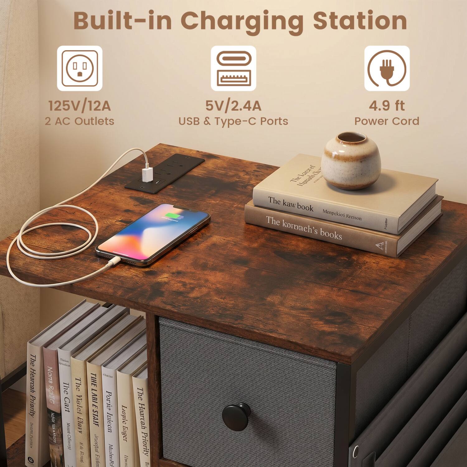 Built-in Charging Station  
125V/12A 2 AC Outlets  
5V/2.4A USB & Type-C Ports  
4.9 ft Power Cord  

The Homath Clock: The Kaw Book Menpekioi The Kreison Koronch's Books  
The Hearcah Priority NARSINAZIONE  
NOTTO RODG  
The Cart Calinirgi  
The Vislel Plavy HA Daurs  
TIHE LABLE Porie START Juleon Jrozefus MealenRa Extra  
Lople Goger ///www  
The Haaruah Priority