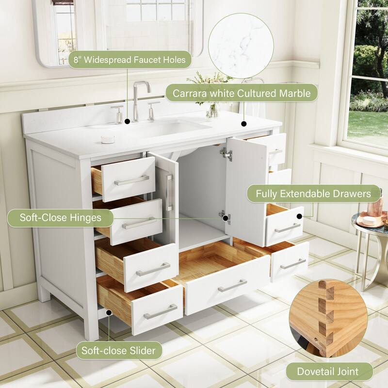 8" Widespread Faucet Holes  
Carrara white Cultured Marble  
Fully Extendable Drawers  
Soft-Close Hinges  
Soft-close Slider  
Dovetail Joint