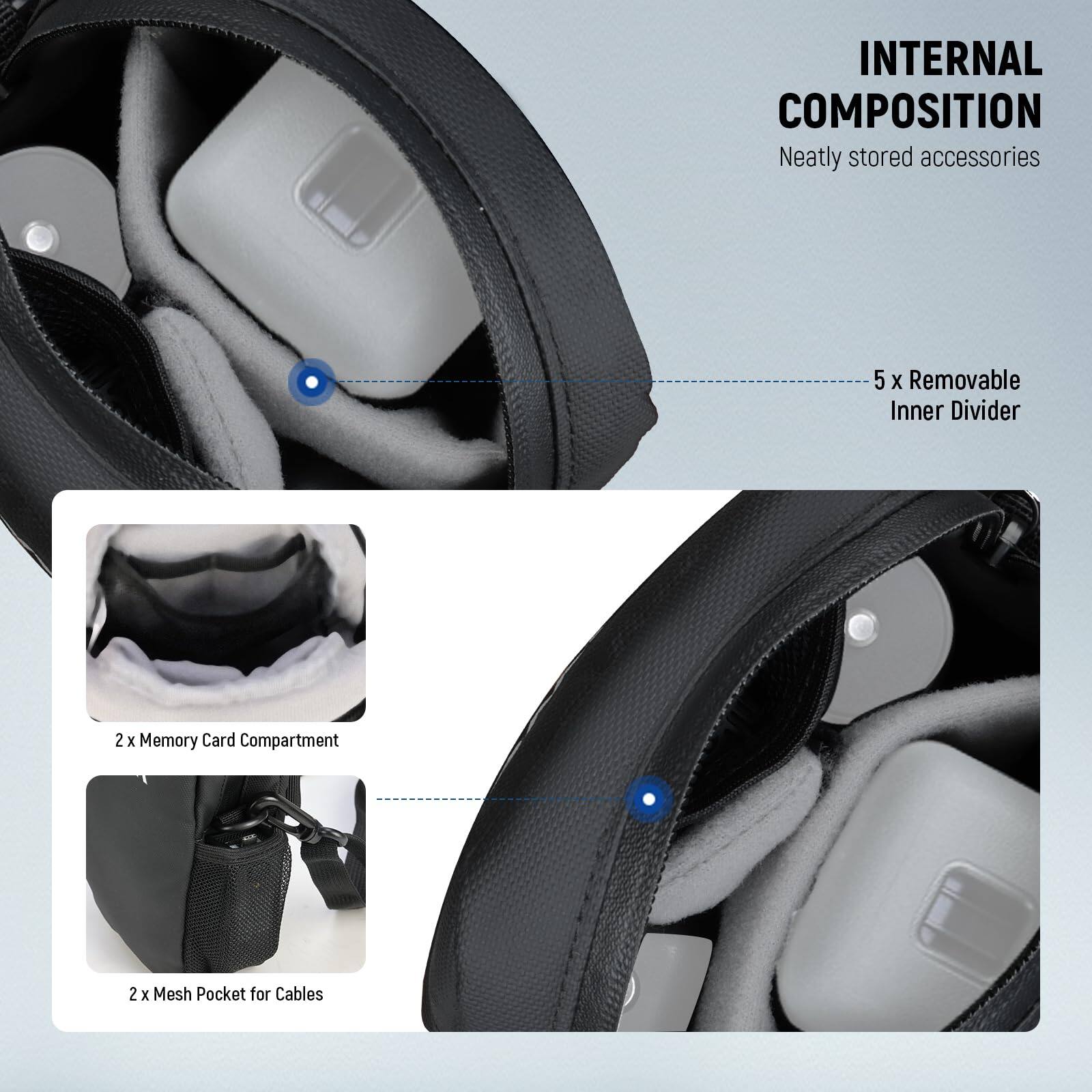 INTERNAL COMPOSITION  
Neatly stored accessories  
5 x Removable Inner Divider  
2 x Memory Card Compartment  
2 x Mesh Pocket for Cables