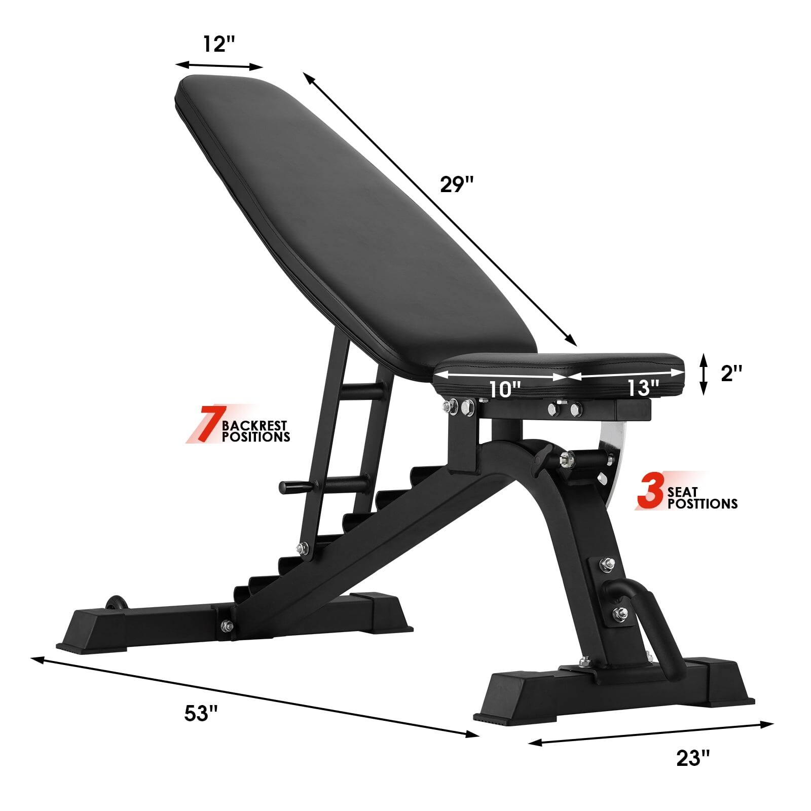 12", 29", 7 BACKREST POSITIONS, 10", 2", 13", 3 SEAT POSITIONS, 53", 23"