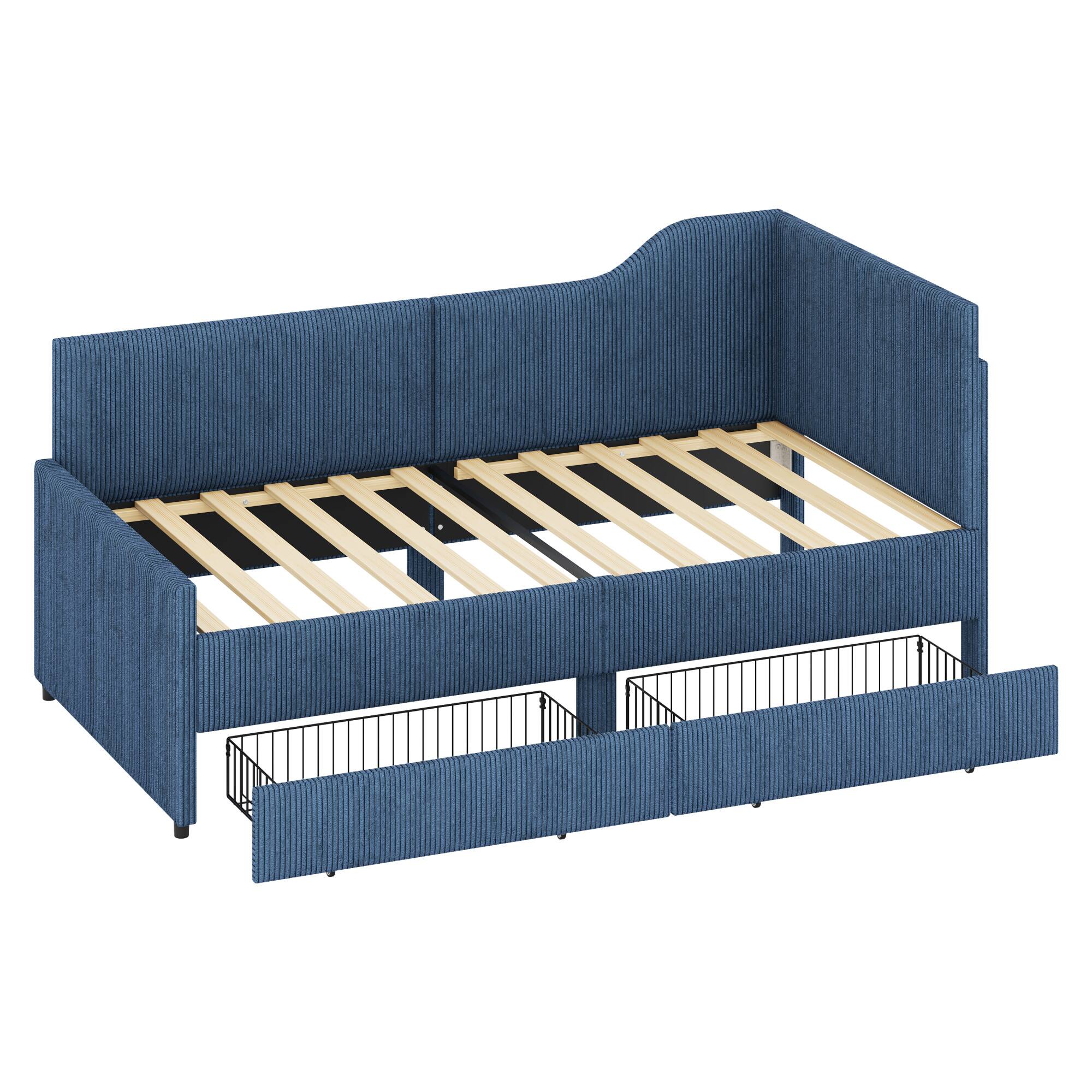 Alt View 5. GOODSILO - Twin Size L-Shaped Upholstered Daybed with Storage Drawers, Corduroy Fabric, Beige Finish - Blue.