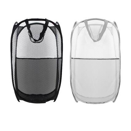 Front. Dapper Styles - Collapsible Pop Up Laundry Hamper Mesh Foldable Basket - 28" X 16" 16" - 2P Black+Grey.