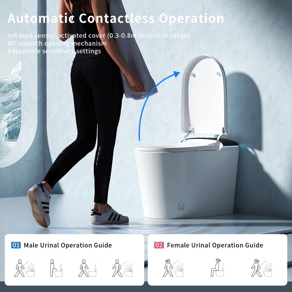 Automatic Contactless Operation  
Infrared sensor-activated cover (0.3-0.8m detection range)  
90° smooth opening mechanism  
Adjustable sensitivity settings  

01 Male Urinal Operation Guide  
02 Female Urinal Operation Guide
