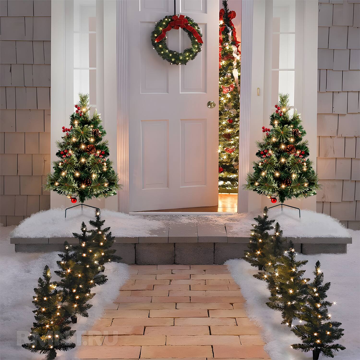 Alt View 4. MOVSSOU - 24in Mini Christmas Trees Set of 2 Artificial Christmas Trees Pre Lit 30 LED Lights Pine Berries Xmas Decor - green.