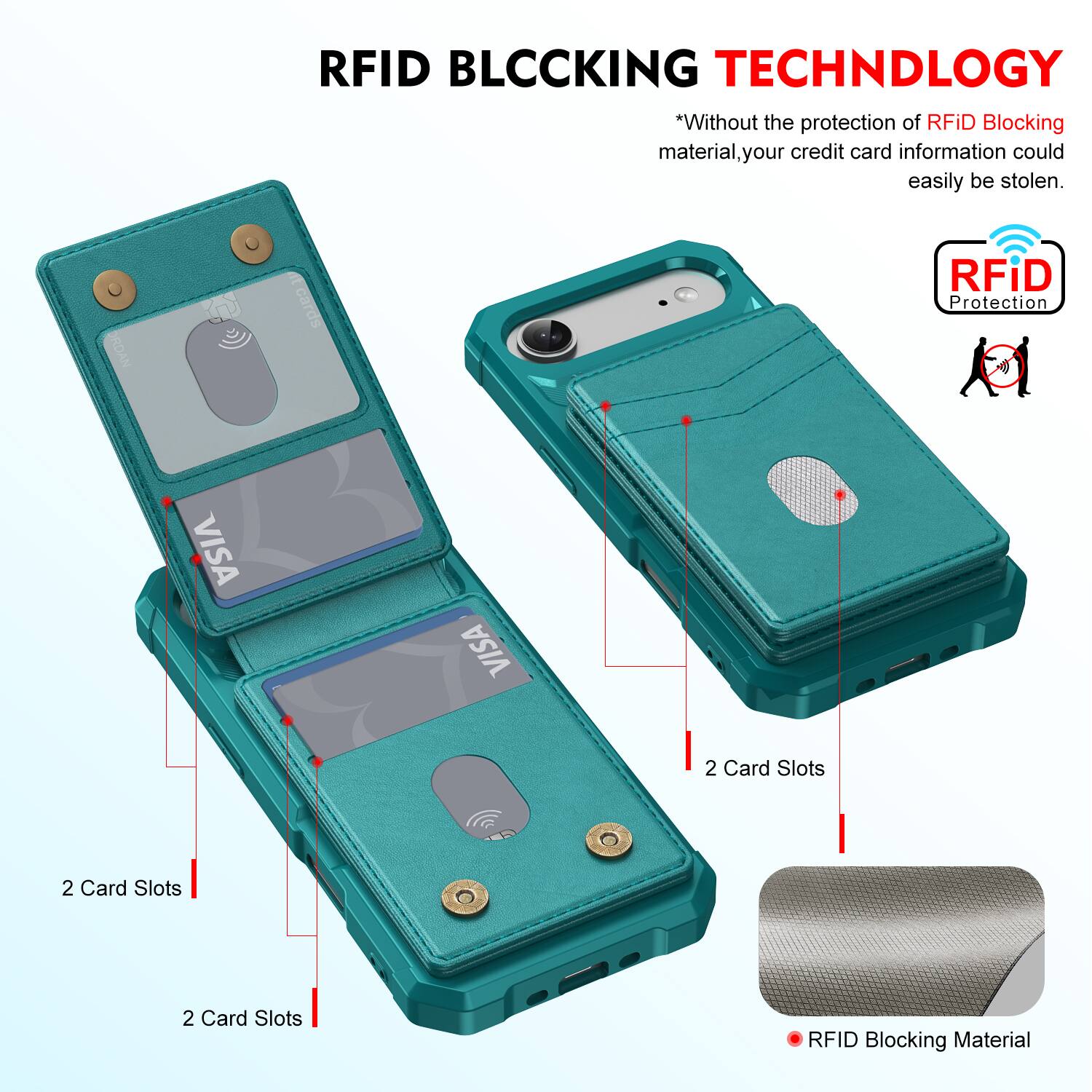 RFID BLOCKING TECHNOLOGY

*Without the protection of RFID Blocking material, your credit card information could easily be stolen.

ORDAN t cards RFID Protection

VISA

2 Card Slots

2 Card Slots

2 Card Slots

RFID Blocking Material