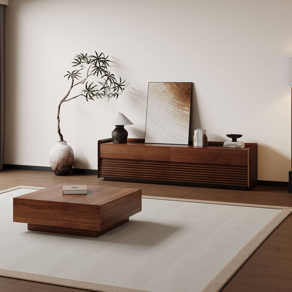 Left. POVISON - 71"Fully-Assembled Mid-Century TV Stand, Walnut Modern Cabinet with Adjustable Light, Perfect for 65-inch TVs - Walnut.