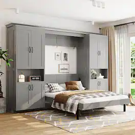 Anysun - Full-Size Murphy Bed with Sliding Storage - Hidden Wall Bed, 6-Tier Shelves, Space-Saving System for Modern Homes - Gray
