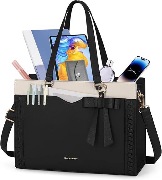 Vulpecula Spade - Laptop Bag for Women 15.6 Inch Work Tote Bag with Detachable Strap & Bow Professional Laptop Tote with Cup Holder - Black-white