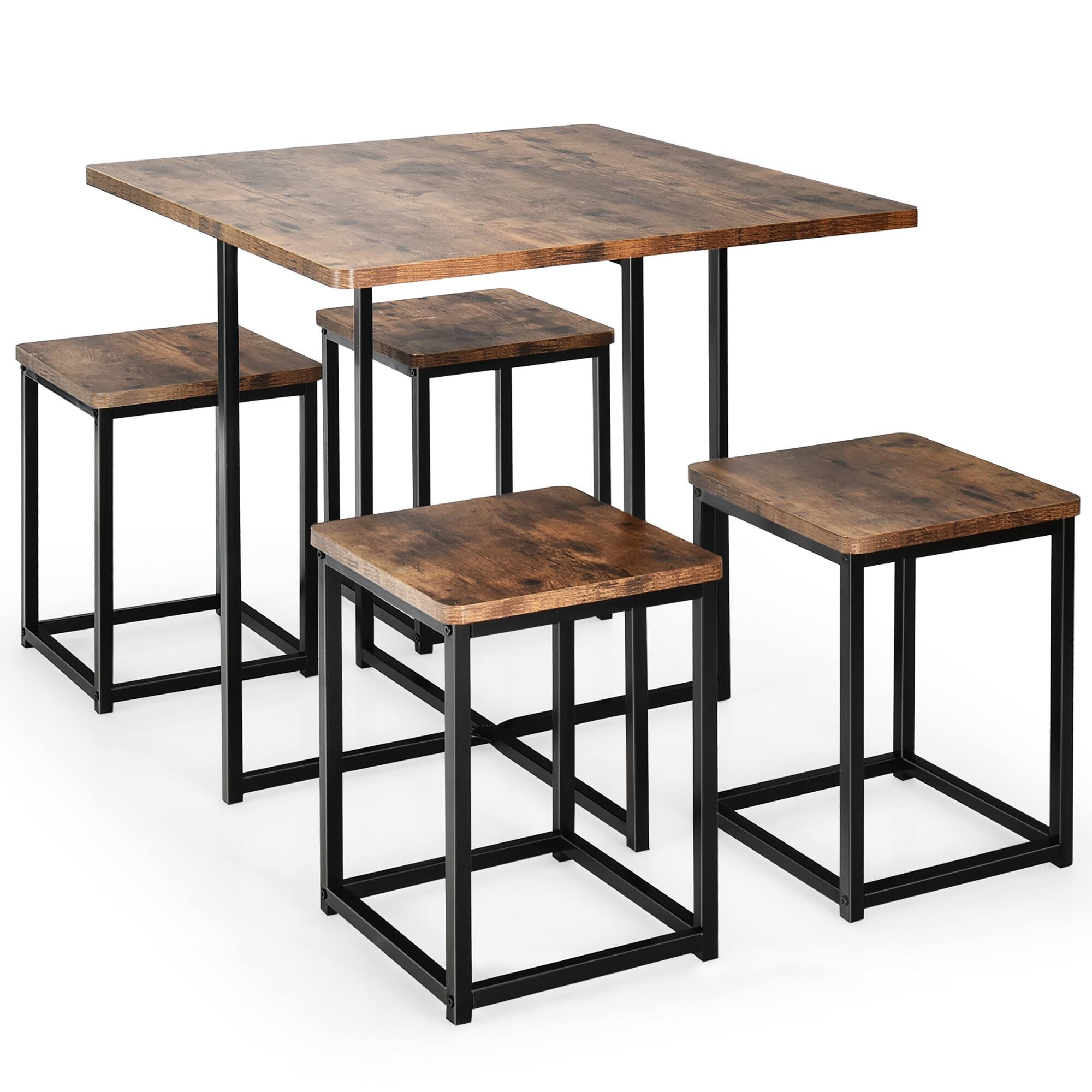 Alt View 17. Costway - 5pcs Dining Set Compact Dining Table and 4 Stools Metal Frame Nature\ Vintage Walnut - Walnut and  Black.