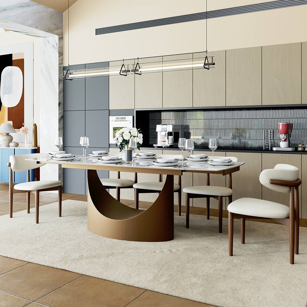 Alt View 8. POVISON - 71"-95"Extendable Modern White Dining Table for 6-10,Rectangular Glossy Sintered Stone Tabletop,Bronze Carbon Steel Leg - Glossy White Sintered Stone with Bronze.