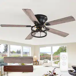 Breezary - 52-In Indoor Flush Mount Ceiling Fan with Light Kit, 5 Dual-Tone Plywood Blades, Reversible Motor, Remote/Chain Control - Dual Wood Grain + Remote Control