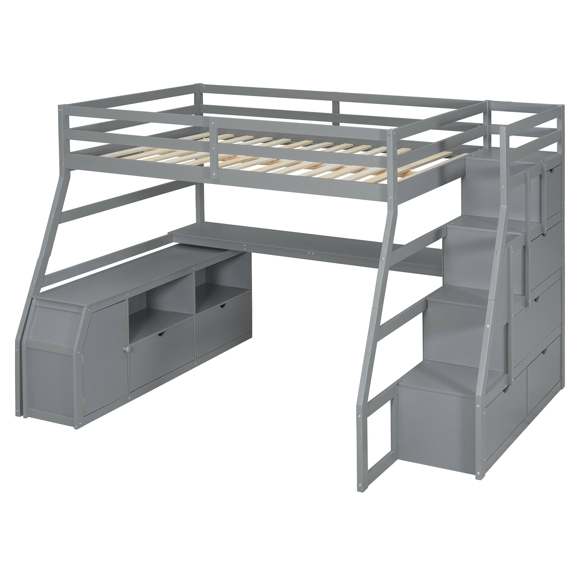 Alt View 2. Tiramisubest - Full Size Gray Loft Bed with 7 Drawers, 2 Shelves & Desk - Plywood, Sturdy & Uniquely Designed - Gray.