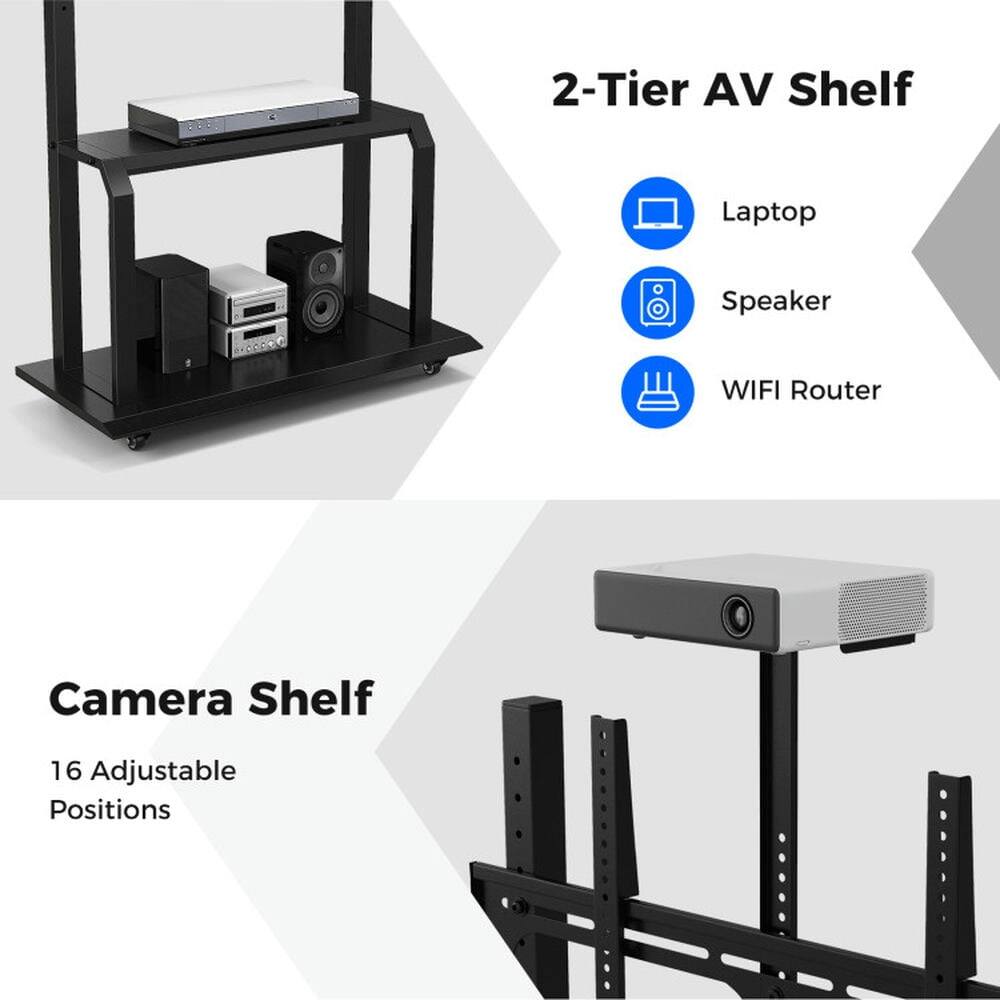 2-Tier AV Shelf Laptop Speaker WIFI Router Camera Shelf 16 Adjustable Positions

2-Tier AV Shelf
- Laptop
- Speaker
- WIFI Router

Camera Shelf
- 16 Adjustable Positions