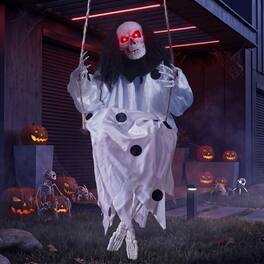 Joyfy - 36" Hanging Clown Halloween Decoration with Light Up Eyes, Swinging Skeleton Prop for Outdoor Haunted House - White