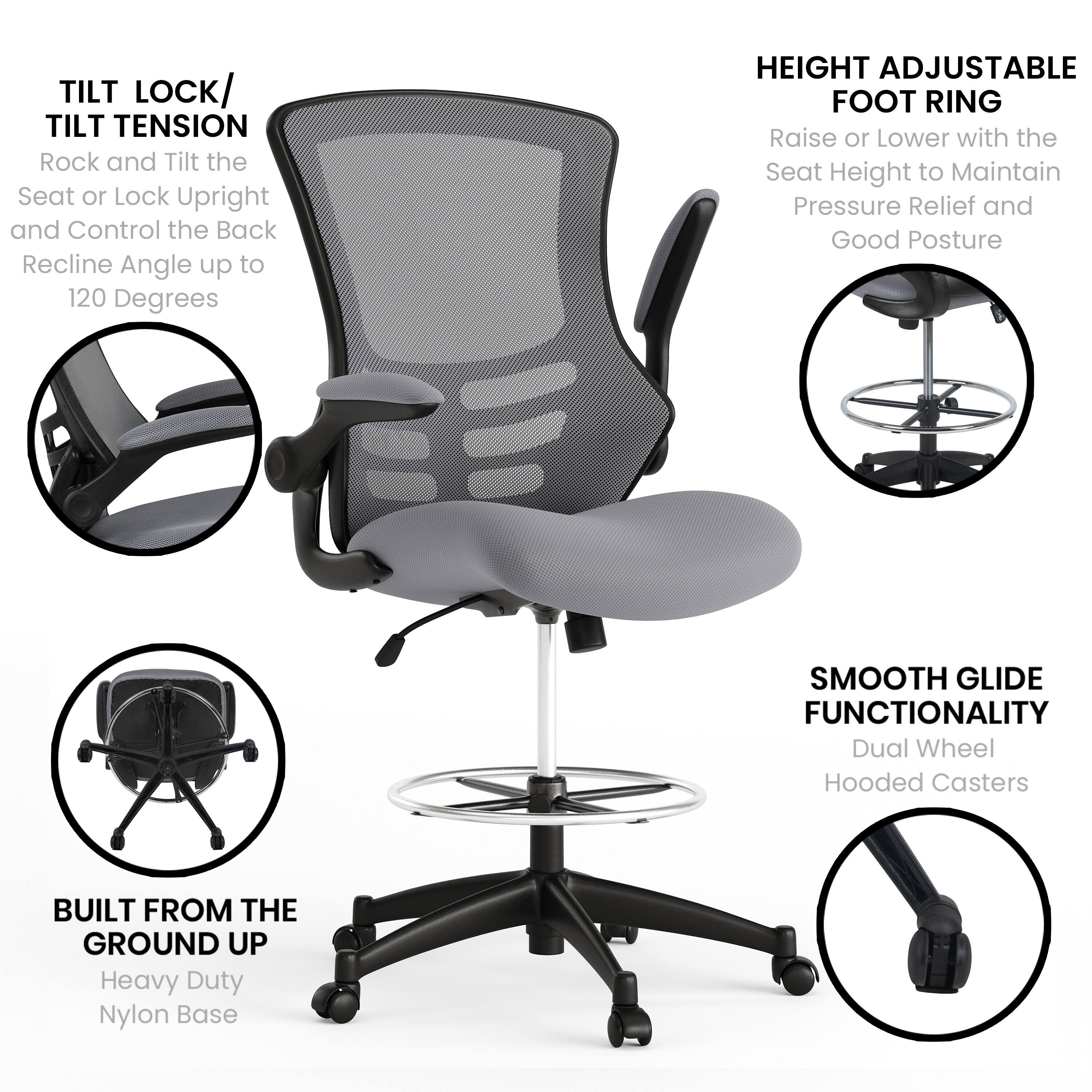 - TILT LOCK/ TILT TENSION: Rock and Tilt the Seat or Lock Upright and Control the Back Recline Angle up to 120 Degrees
- HEIGHT ADJUSTABLE FOOT RING: Raise or Lower with the Seat Height to Maintain Pressure Relief and Good Posture
- SMOOTH GLIDE FUNCTIONALITY: Dual Wheel Hooded Casters
- BUILT FROM THE GROUND UP: Heavy Duty Nylon Base