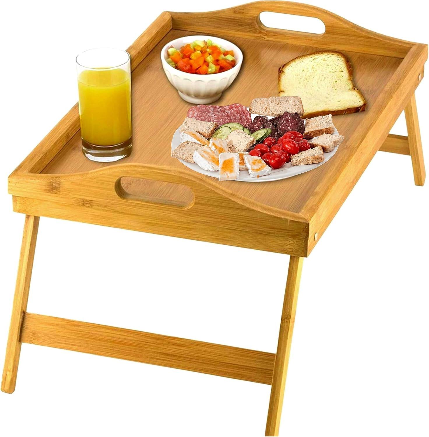 Alt View 2. Home It - Bed Table Tray with Folding Legs - Breakfast Tray Bamboo Bed Tray for Sofa, Bed, Eating, Snacking and Working - BEIGE.