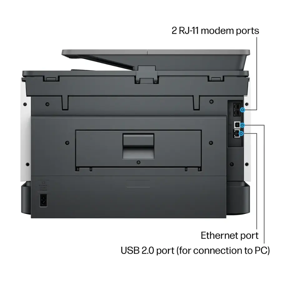 The image shows a device with a USB 2.0 port and two RJ-11 modem ports. The device also has an Ethernet port for connection to a PC.