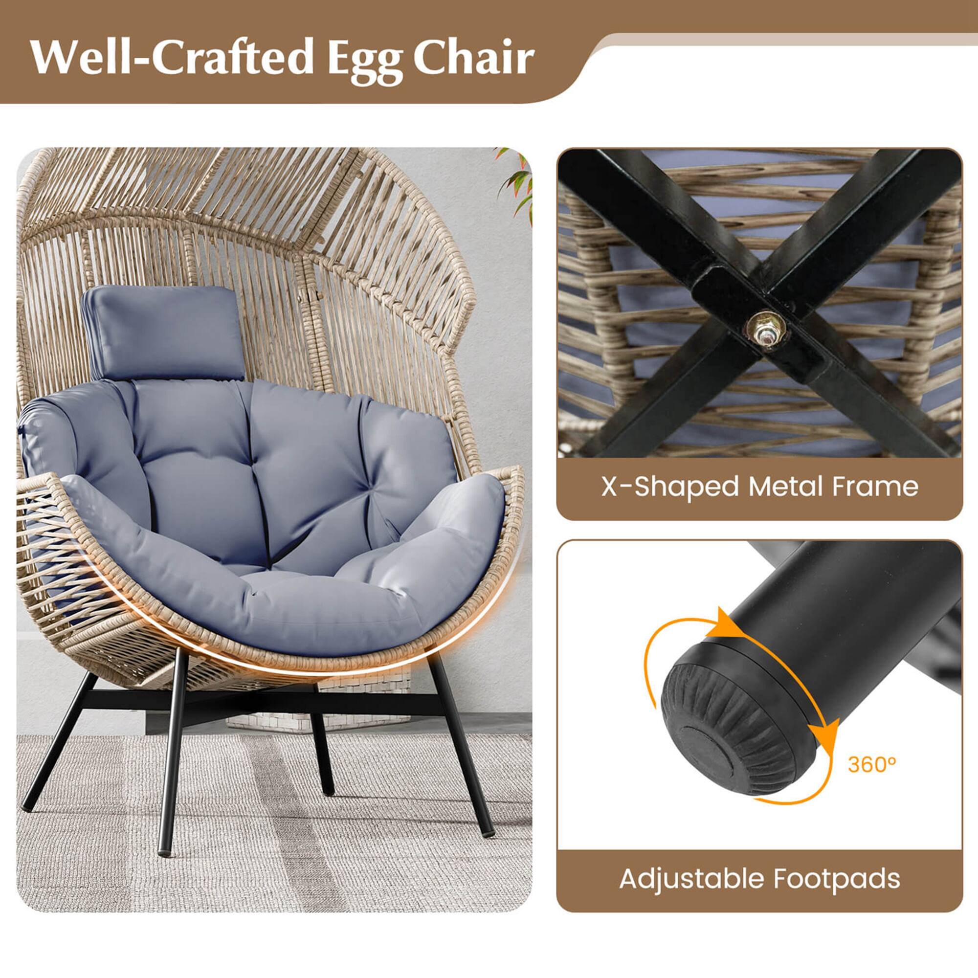 Well-Crafted Egg Chair

X-Shaped Metal Frame

Adjustable Footpads