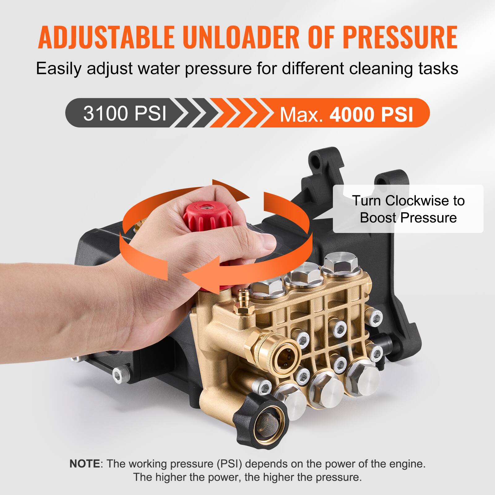 ADJUSTABLE UNLOADER OF PRESSURE  
Easily adjust water pressure for different cleaning tasks  

3100 PSI  
Max. 4000 PSI  

Turn Clockwise to Boost Pressure  

NOTE: The working pressure (PSI) depends on the power of the engine. The higher the power, the higher the pressure.
