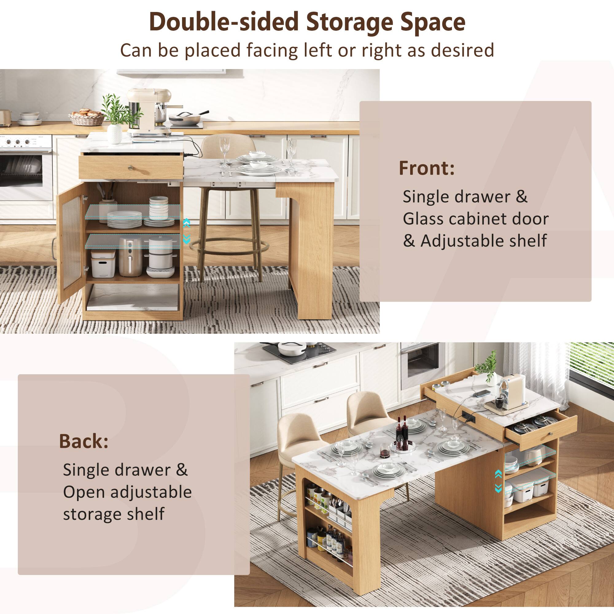 Double-sided Storage Space  
Can be placed facing left or right as desired  

Front:  
Single drawer & Glass cabinet door & Adjustable shelf  

Back:  
Single drawer & Open adjustable storage shelf