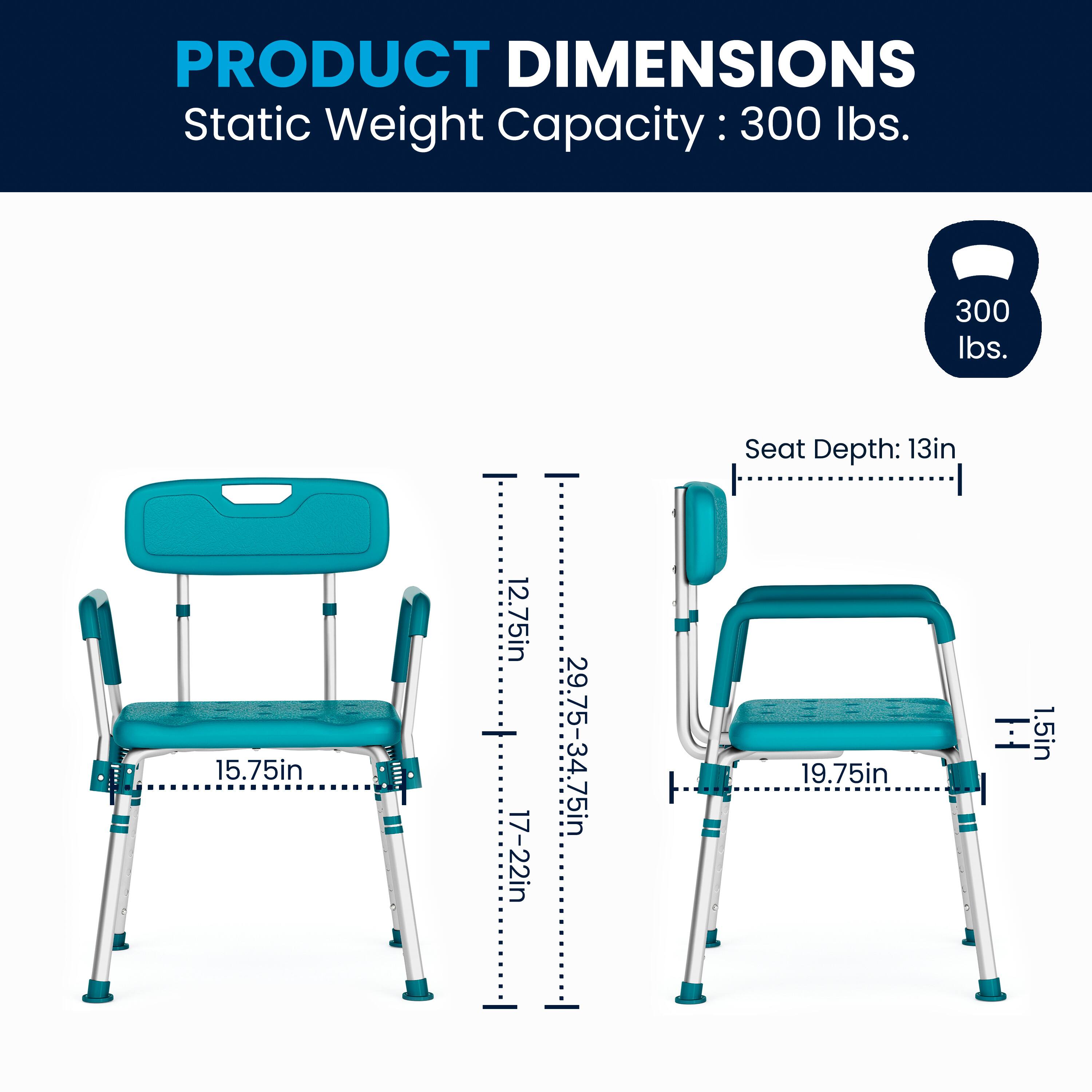 PRODUCT DIMENSIONS  
Static Weight Capacity: 300 lbs.  
Seat Depth: 13in  
Seat Width: 15.75in  
Seat Height: 12.75in  
Overall Height: 17-22in  
Overall Width: 29.75-34.75in  
Overall Depth: 19.75in  
Seat Thickness: 1.5in