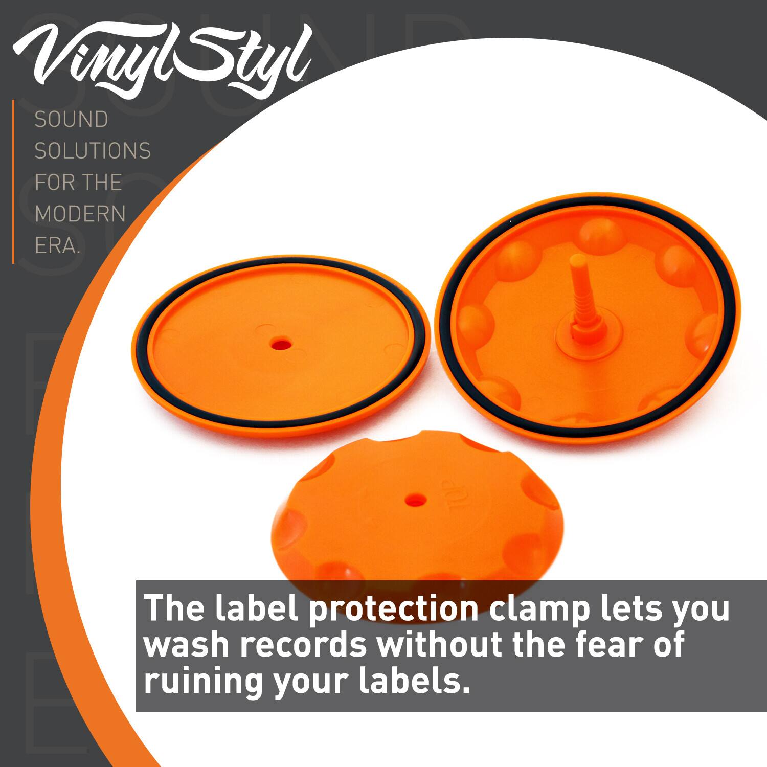 Vinyl Styl  
SOUND SOLUTIONS FOR THE MODERN ERA.  

The label protection clamp lets you wash records without the fear of ruining your labels.