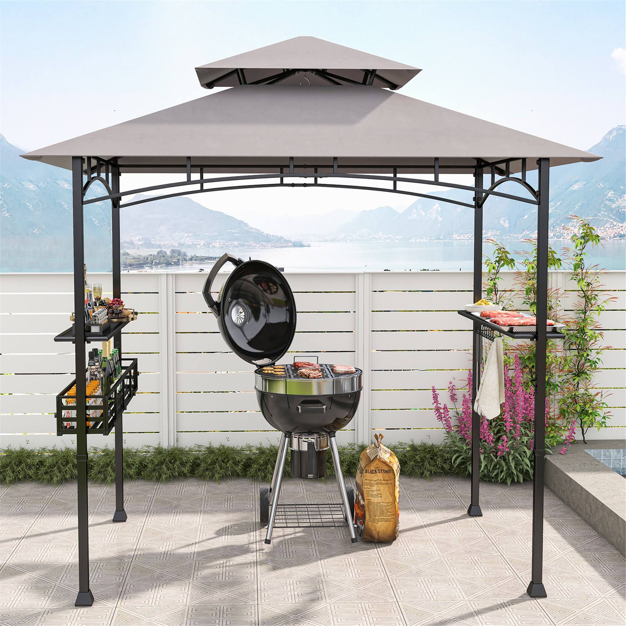 Alt View 1. Gymax - Gymax 8 x 5 FT BBQ Grill Gazebo w/ 2 Side Shelves Storage Basket Hanging Hooks Outdoor - Grey, Black.
