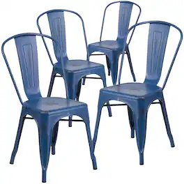 Emma + Oliver - Commercial Grade 4 Pack Distressed Metal Indoor-Outdoor Stackable Chair - Antique Blue