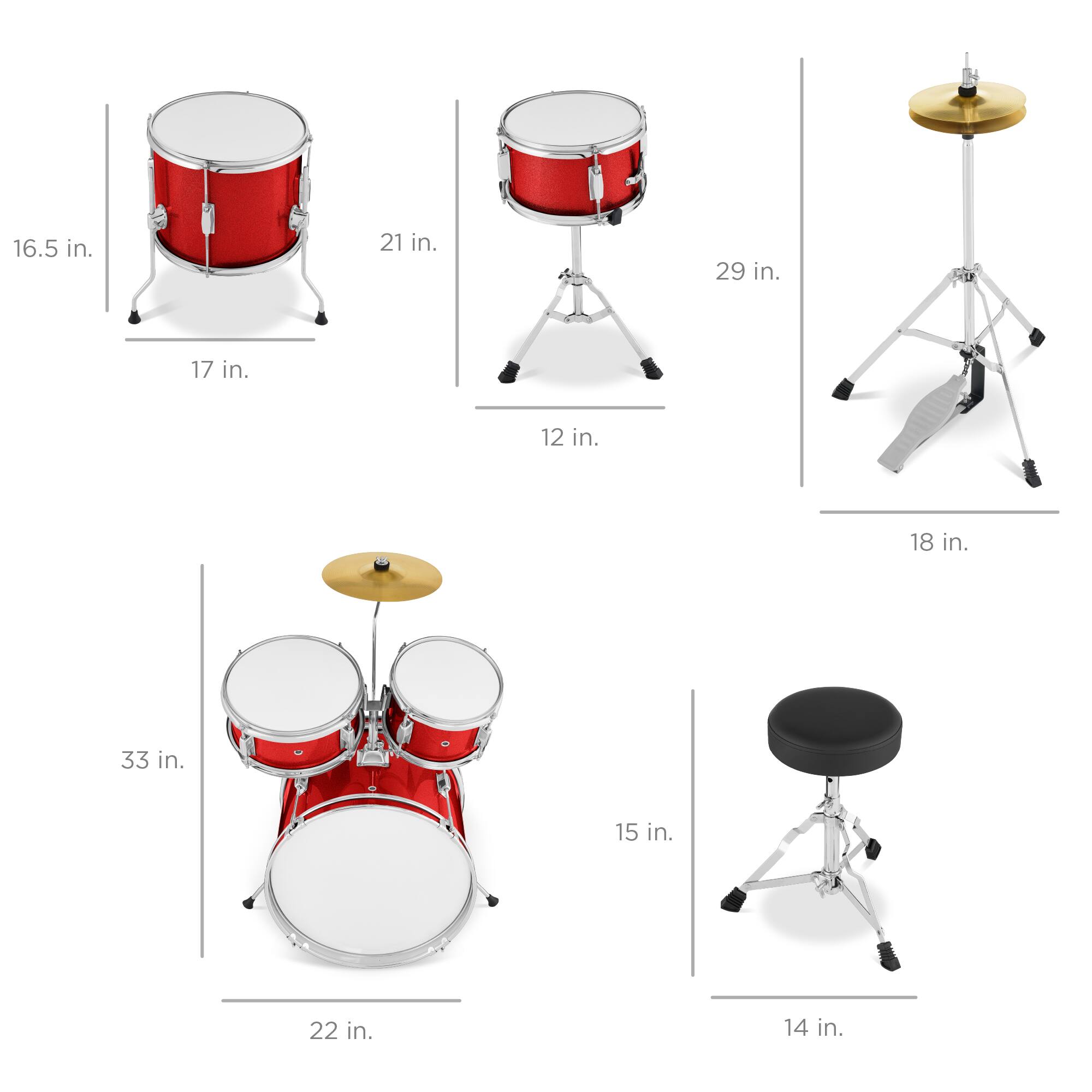 Here are the measurements grouped according to the image:

- **Snare Drum:**
  - Diameter: 16.5 in.
  - Height: 17 in.

- **Tom Drum:**
  - Diameter: 21 in.
  - Height: 12 in.

- **Cymbal Stand:**
  - Height: 29 in.
  - Width: 18 in.

- **Drum Set:**
  - Height: 33 in.
  - Width: 22 in.

- **Drum Throne:**
  - Height: 15 in.
  - Width: 14 in.