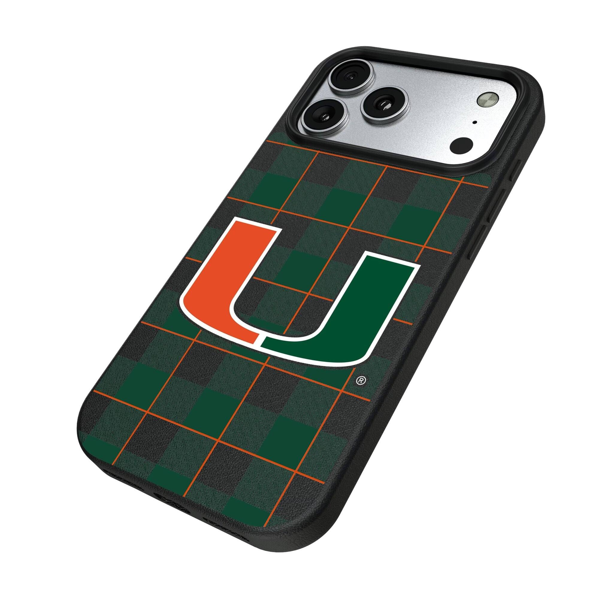 Alt View 1. Keyscaper - Miami Hurricanes Plaid Magnetic Bump iPhone Case - 15 Plus - Black.