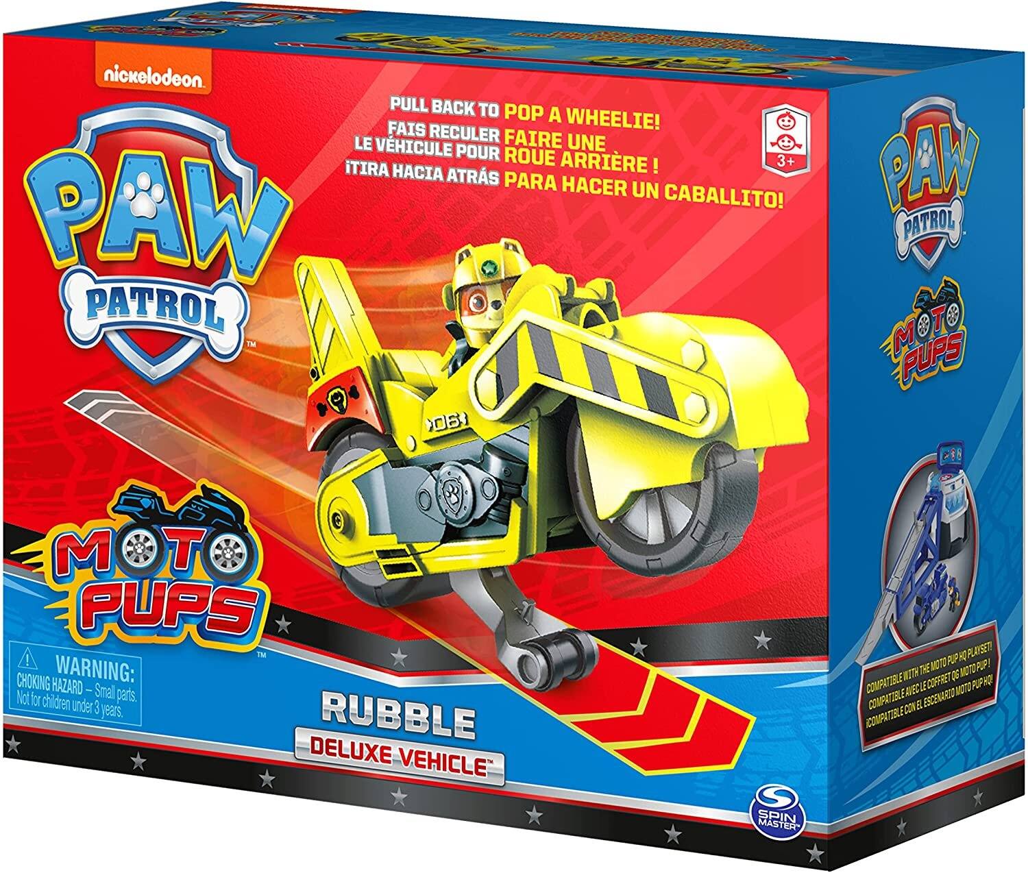 nickelodeon. PULL BACK TO POP A WHEELIE! FAIS RECULER LE VÉHICULE POUR FAIRE UNE ROUE ARRRIÈRE! ITIRA HACIA ATRÁS PARA HACER UN CABALLITO! PAW PATROL TM 06+  
PAW PATROL TM PUPS  
M PUPS TM ! CHOKING WARNING: HAZARD - Small parts. Not for children under 3 years. RUBBLE DELUXE VEHICLE  
DH PL LAYSET! MOTO PUP PUP WITH THE QG MOTO COMPATIBLE LE COFFRET PUP HQI AVEC MOTO COMPATIBLE EL ESCENARIO E CON COMPATIBLE  
SPIN MASTER