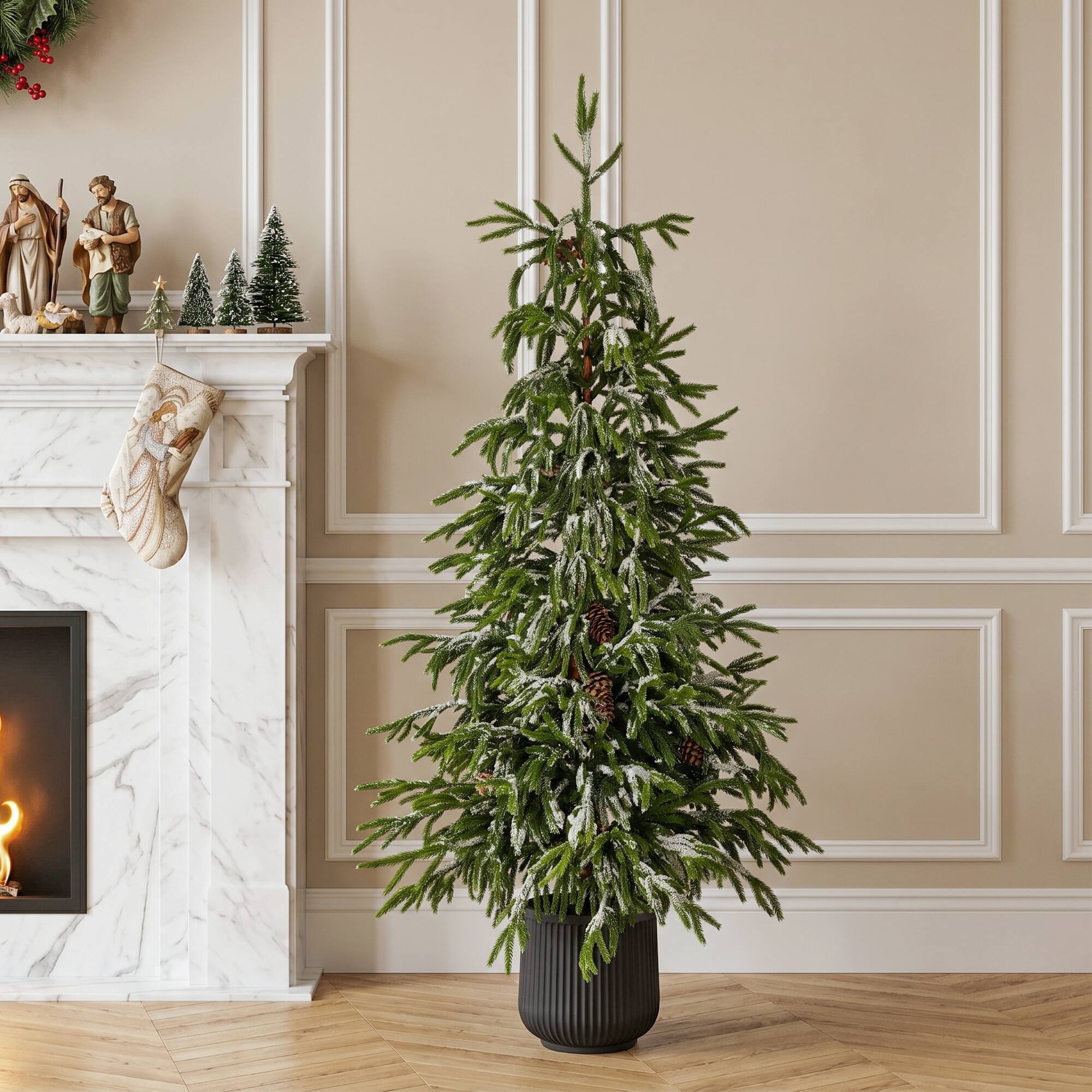 Front. Glitzhome - 4ft Christmas Artificial Frosted Norfolk Pine Porch Tree with Pinecones - Green.