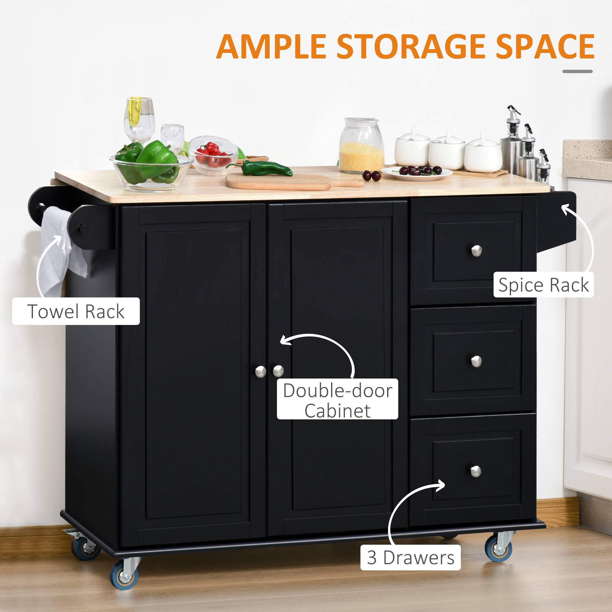 AMPLE STORAGE SPACE

- Towel Rack
- Double-door Cabinet
- Spice Rack
- 3 Drawers