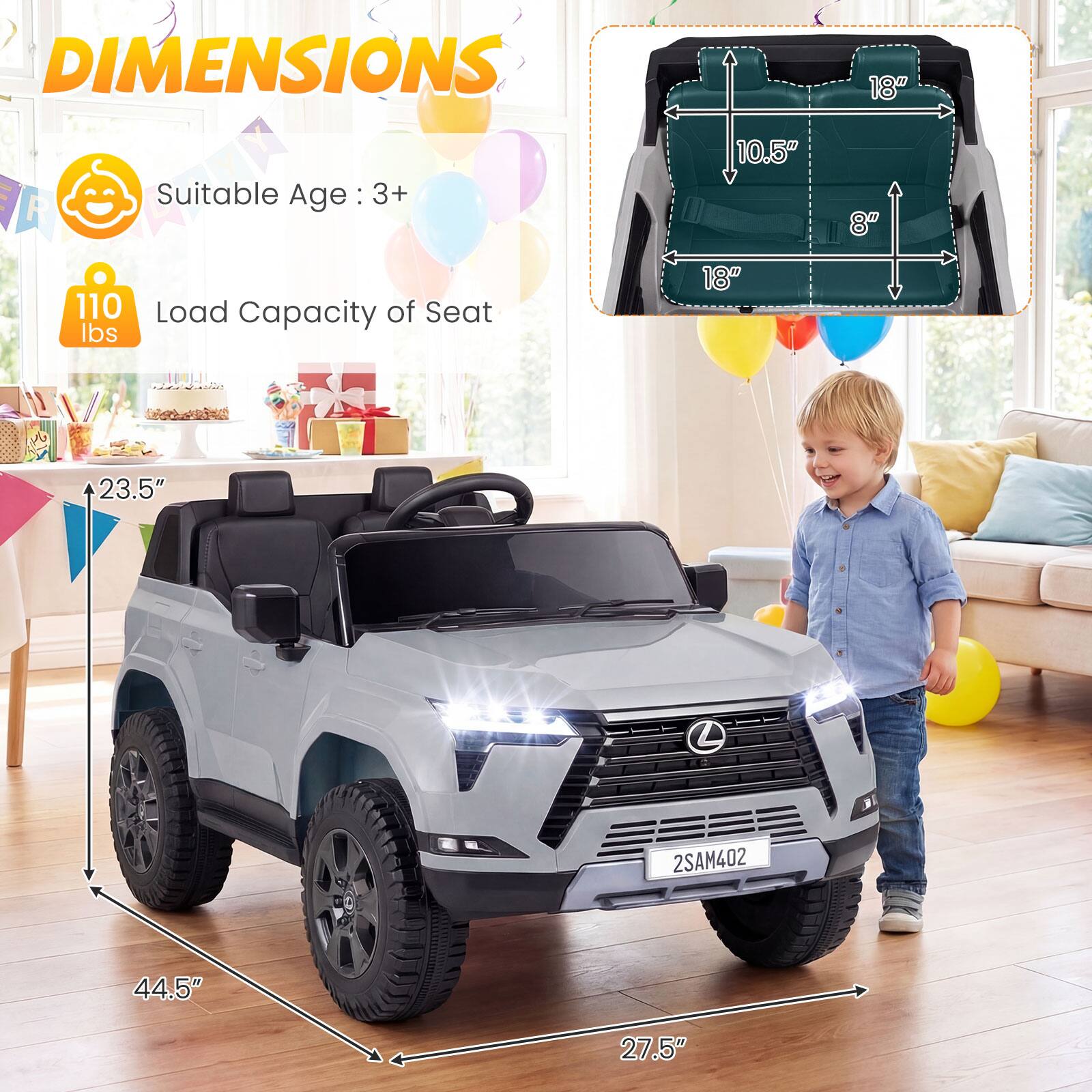 DIMENSIONS  
Suitable Age: 3+  
Load Capacity of Seat: 110 lbs  

18"  
10.5"  
8"  
23.5"  
44.5"  
27.5"