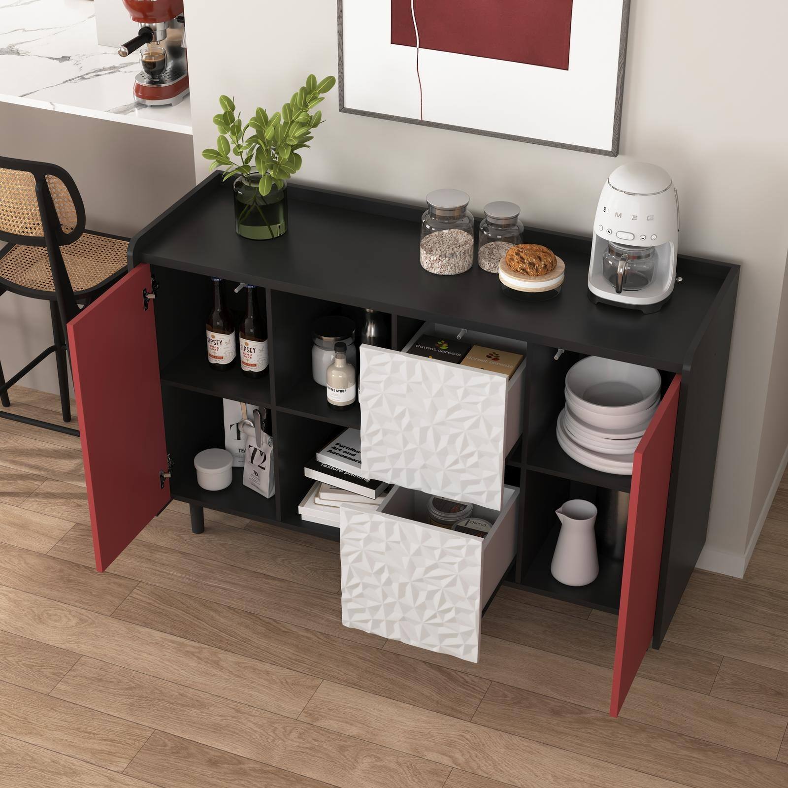 Alt View 2. Spaco - Spaco Buffet Cabinet, 2-Drawer Coffee Bar Storage with Open Compartments, Modern Sideboard for Kitchen Dining Room - Black+Red.