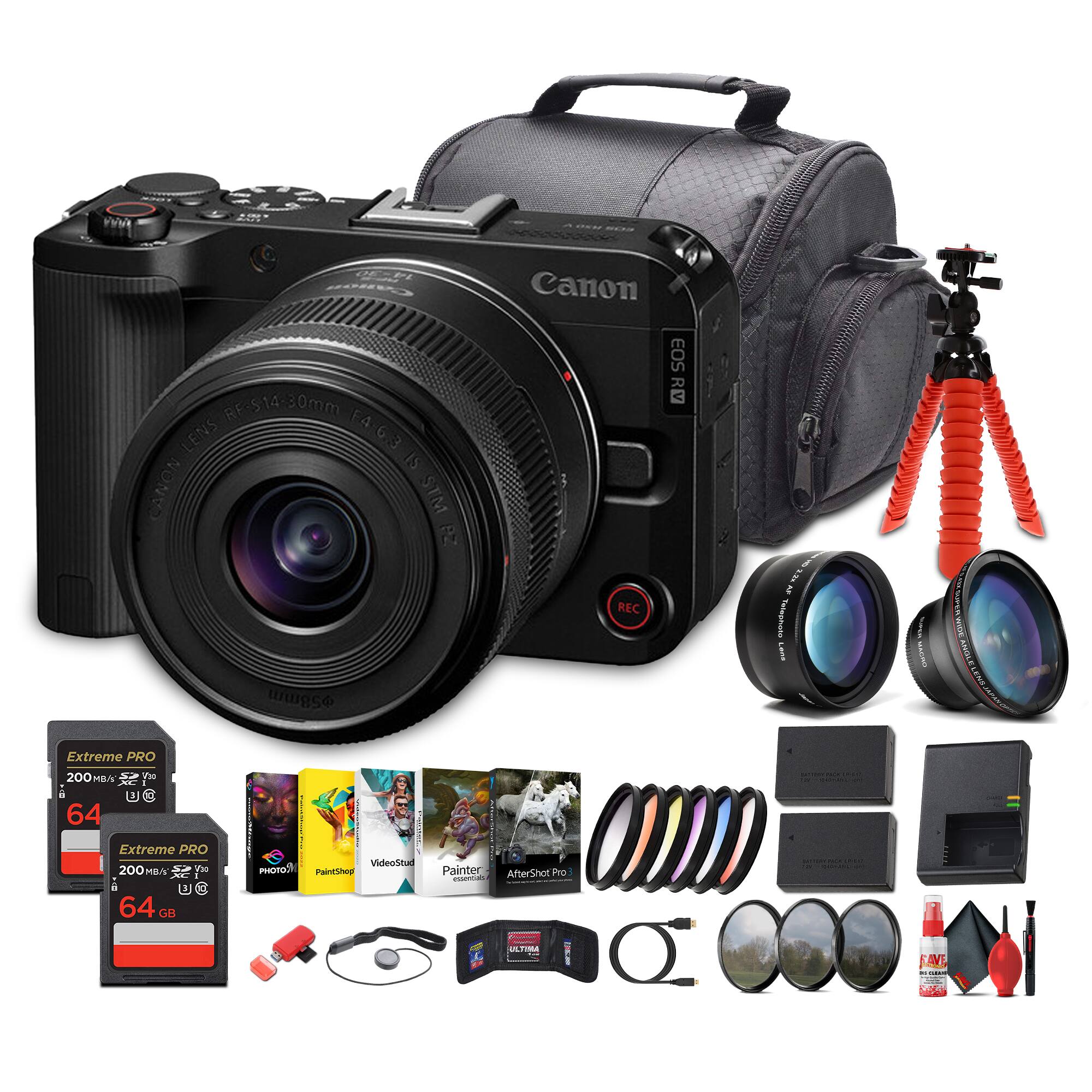 Canon EOS R5 Camera with RF 50mm f/1.8 STM Lens  
- Canon 2 30mm Lens F4-63 IS STM  
- Canon 58mm Rec  
- Extreme PRO 200 MB/s 64GB SD Card  
- Extreme PRO 200 MB/s 64GB SD Card  
- Videodita  
- Painter  
- AfterShot Pro  
- Malim  
- Save O.2