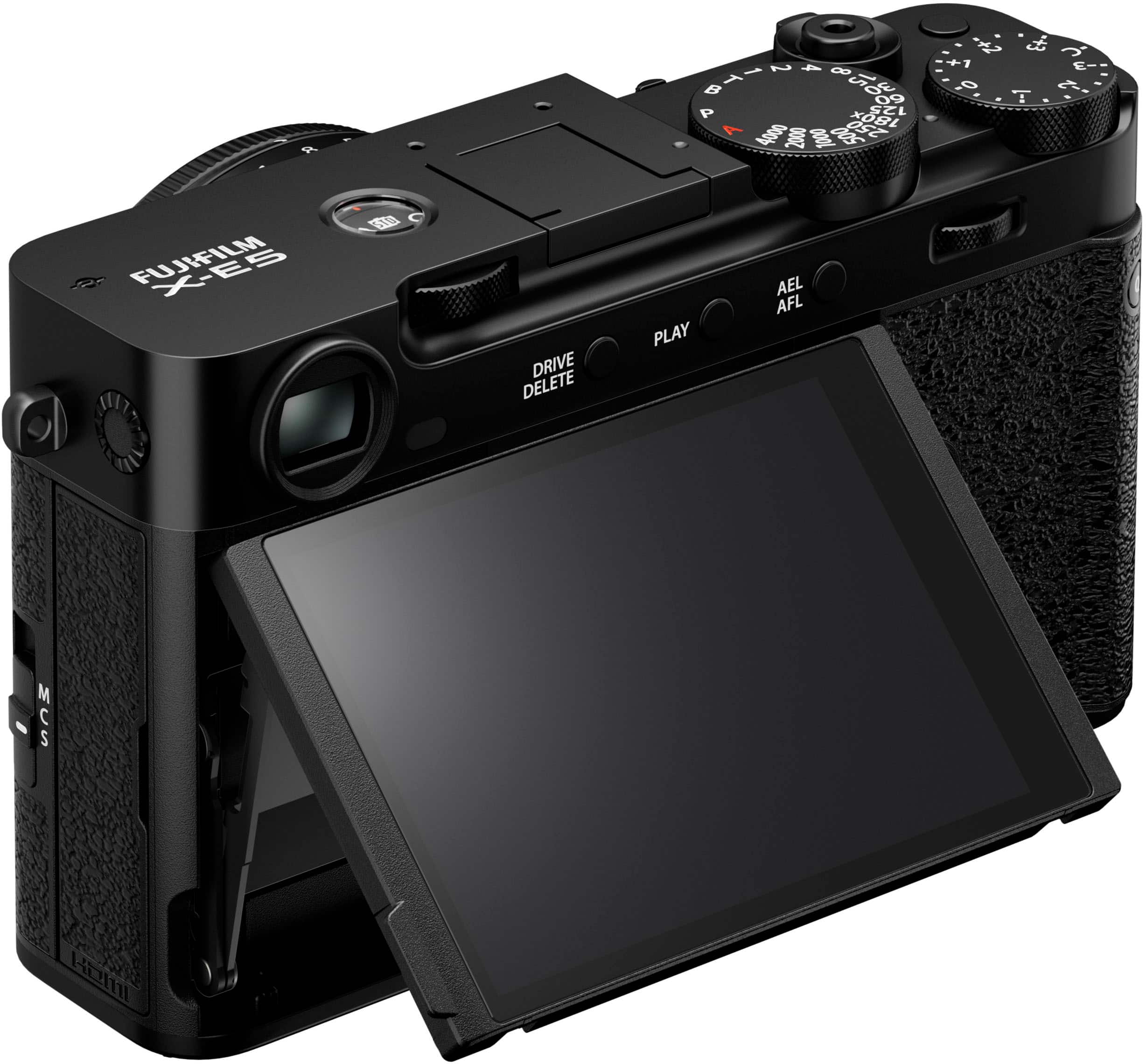 A Fujifilm X100S camera with a black screen and a viewfinder. The camera has a play, delete, and drive button on the front.