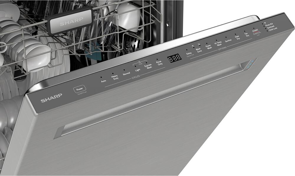 SHARP Power 3 ses ONOR SHARP Auto a Rinse 3oc Express Only Wash Light Normal Heavy CYCLES Duty 8 Heat Dry Temp Sanitise H Wesh Power Wash Wash OPTIONS Zone Delay Cn Rinse Ais Sanitised Lock START Chld Fan CANCEL Ory