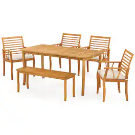 Costway - 6 PSC Patio Dining Set Acacia Wood Table and Bench Chairs with 1.97" Umbrella Hole - Natural