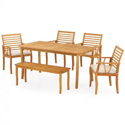 Front. Costway - Costway 6 PSC Patio Dining Set Acacia Wood Table and Bench Chairs with 1.97" Umbrella Hole - Natural.