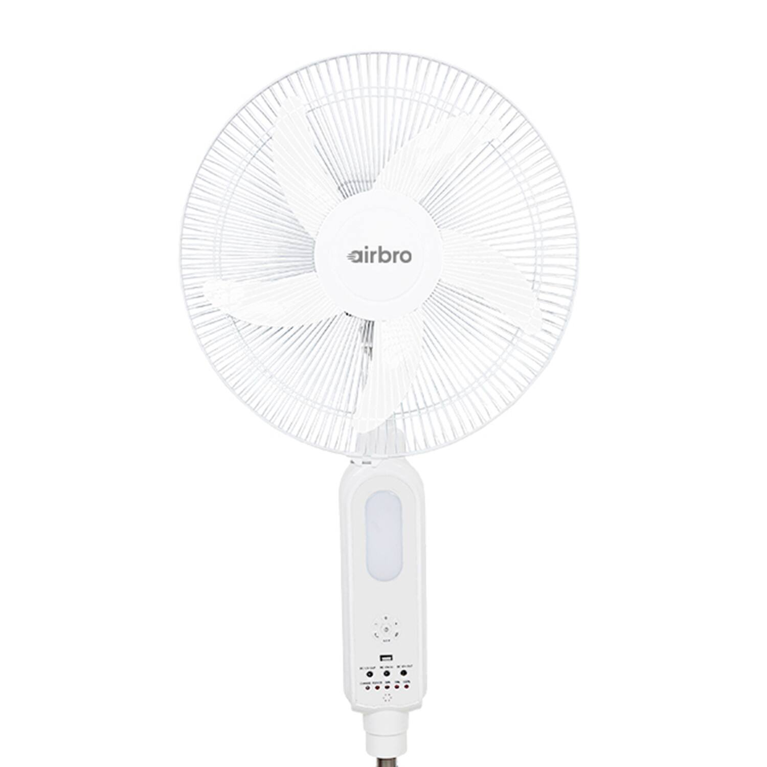 Angle. Airbro - 16" Rechargeable Oscillating Stand Fan, Power Bank, 3 Speeds, 1200 CFM, LED, Solar, Remote - White.