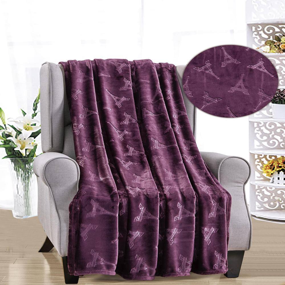 Alt View 1. Noble House - Eiffel Tower Premium Microplush Super Soft Embossed Pattern All Season 50" x 60" Throw Blanket, Plum - Plum.