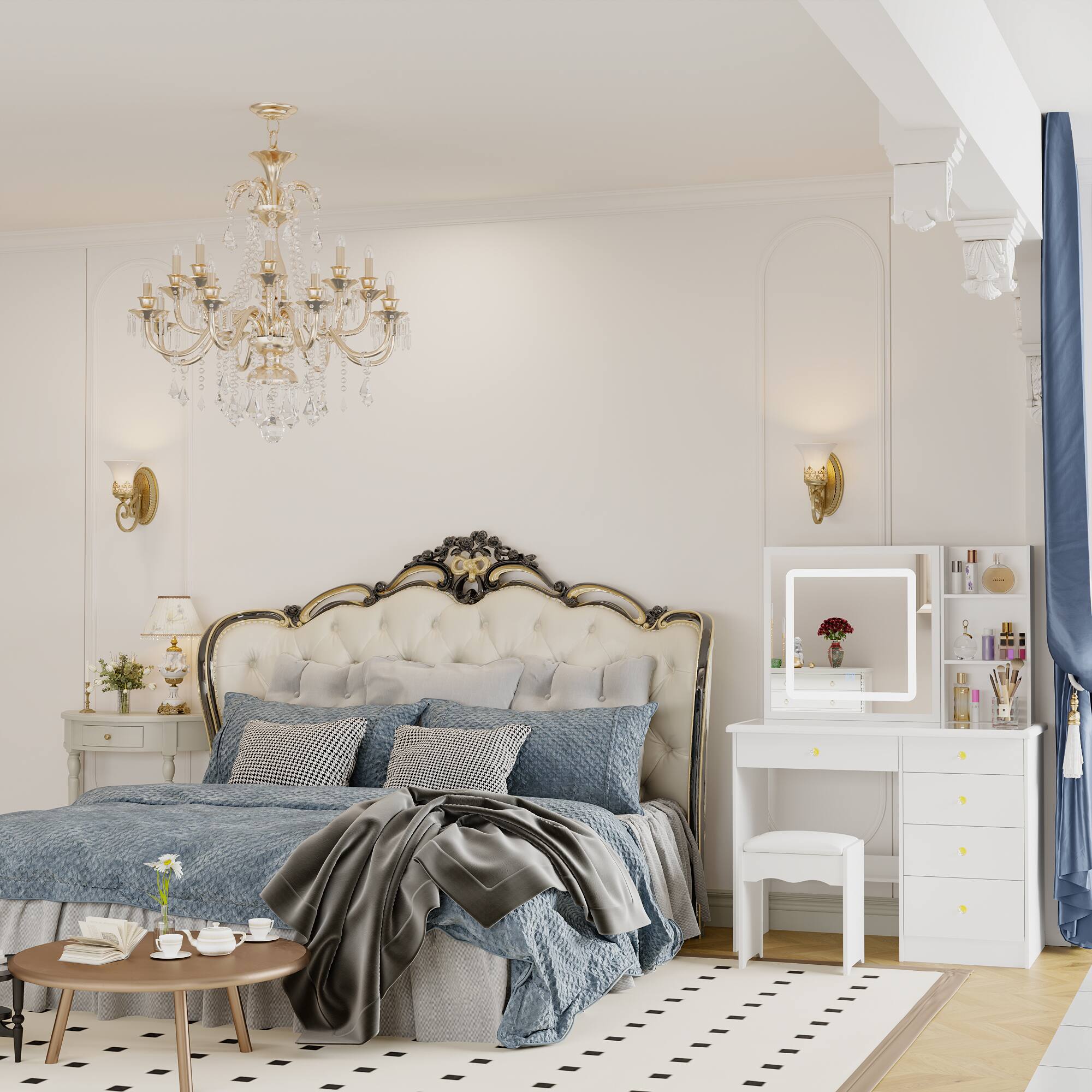 Alt View 10. Famapy - Vanity Set with 3-Color LED Mirror & Tempered Glass Top, Makeup Table with Stool and Ample Storage - White.