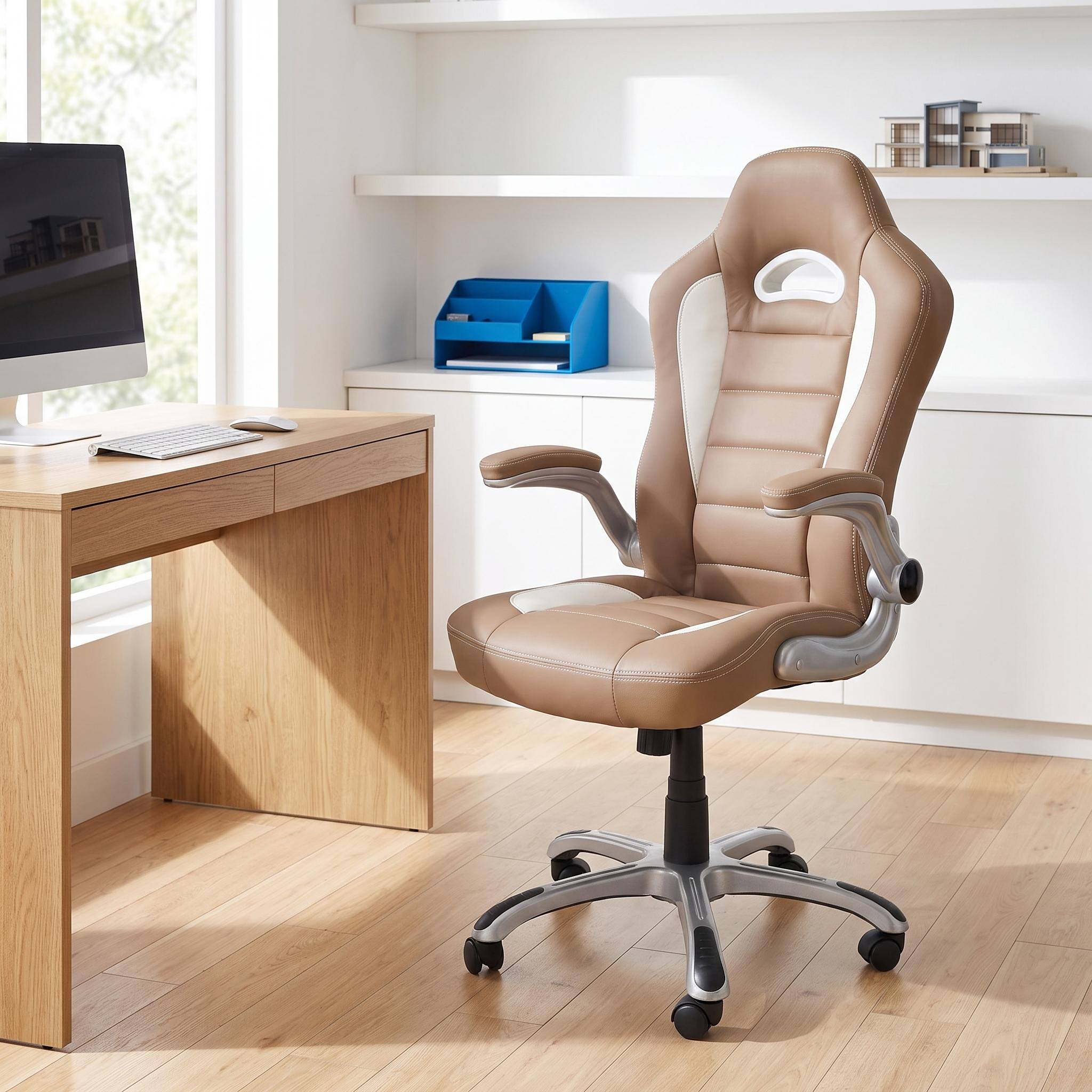 Alt View 9. Forest'nSky - Camel High Back Executive Sport Race Office Chair with Flip-Up Arms - Camel.