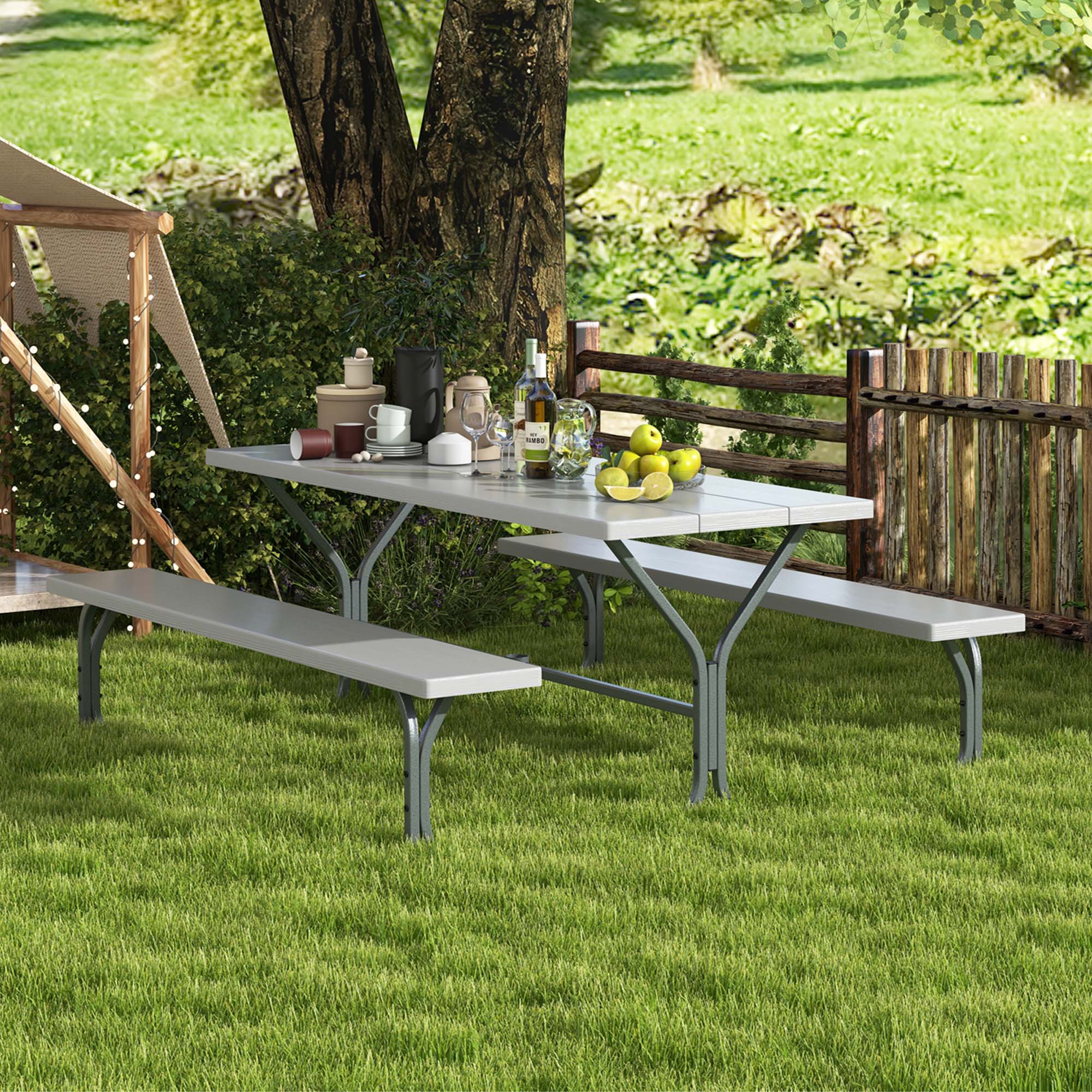 Alt View 1. Costway - Costway 6 FT Picnic Table Bench Set Outdoor Dining Table & 2 Benches with Metal Frame - Grey.