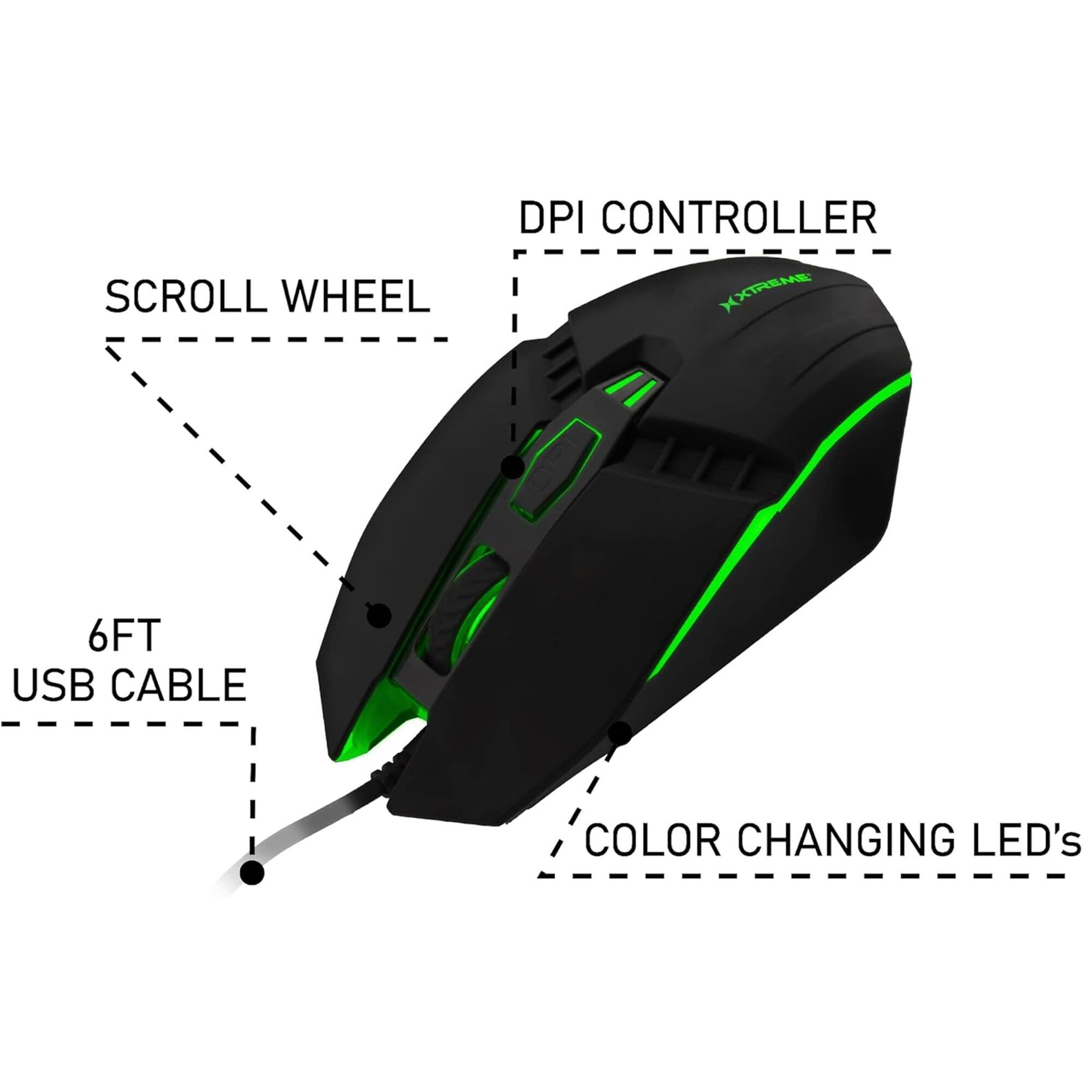 SCROLL WHEEL  
DPI CONTROLLER  
6FT USB CABLE  
COLOR CHANGING LED's