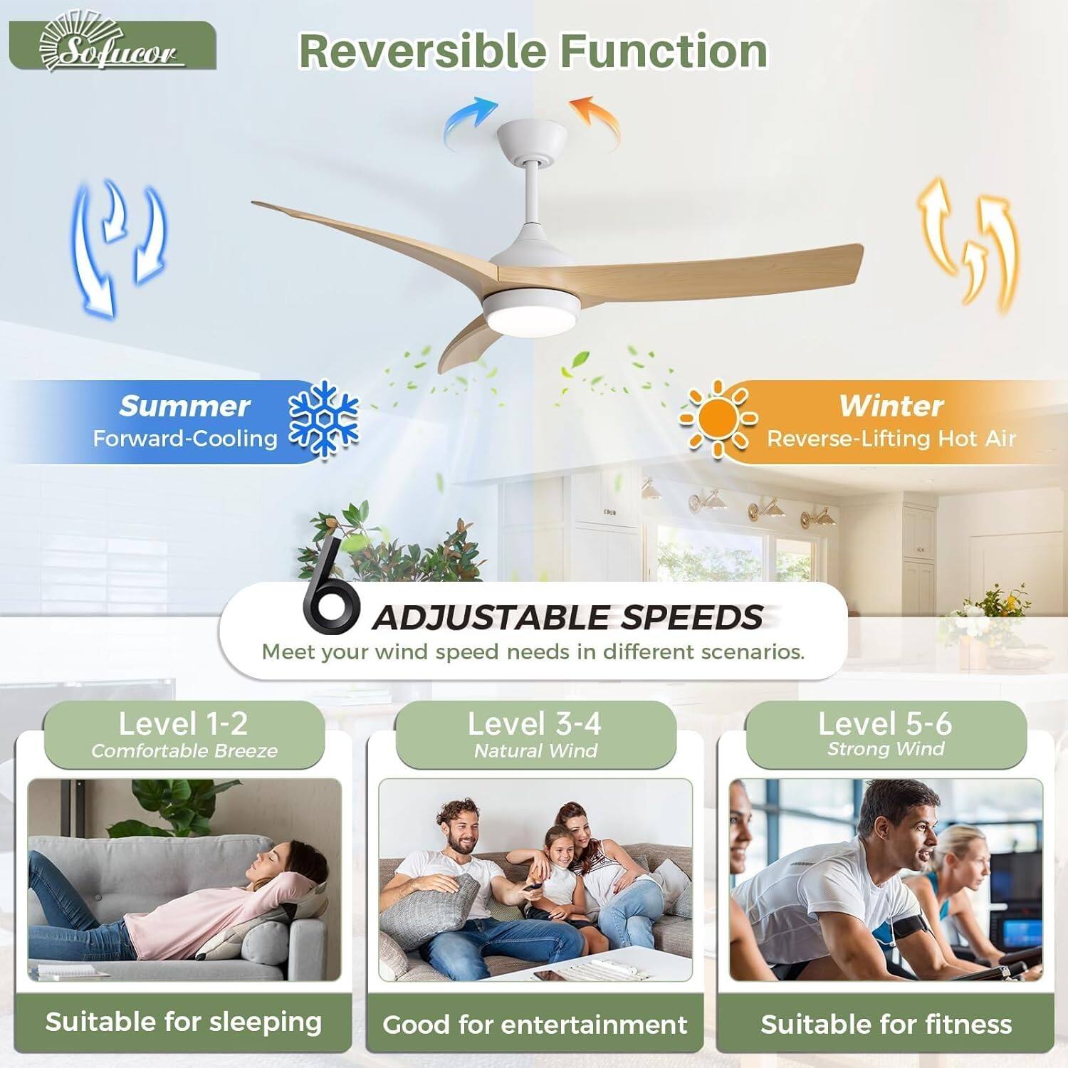 **Reversible Function**

- **Summer**: Forward-Cooling
- **Winter**: Reverse-Lifting Hot Air

**6 Adjustable Speeds**

- **Level 1-2**: Comfortable Breeze
  - Suitable for sleeping
- **Level 3-4**: Natural Wind
  - Good for entertainment
- **Level 5-6**: Strong Wind
  - Suitable for fitness

Meet your wind speed needs in different scenarios.